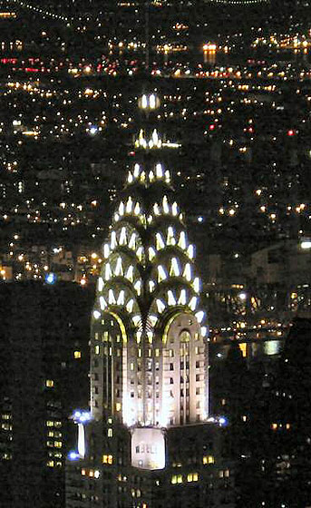 the lighted top of the Chrysler Building at night
