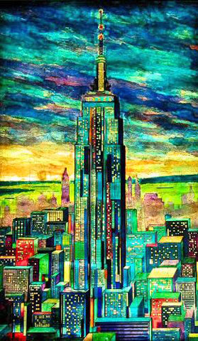 A glass pane painted with a colorful scene of the Empire State Building