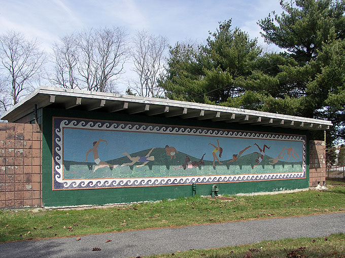 Tiles on the pool house at Holmes Field in Worcester MA