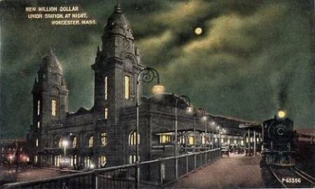 An old postcard of Worcester Union Station at night