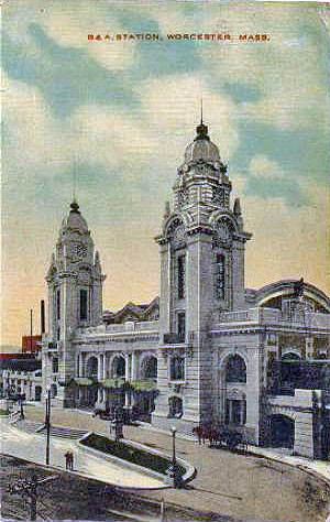 An old postcard of Worcester Union Station with towers