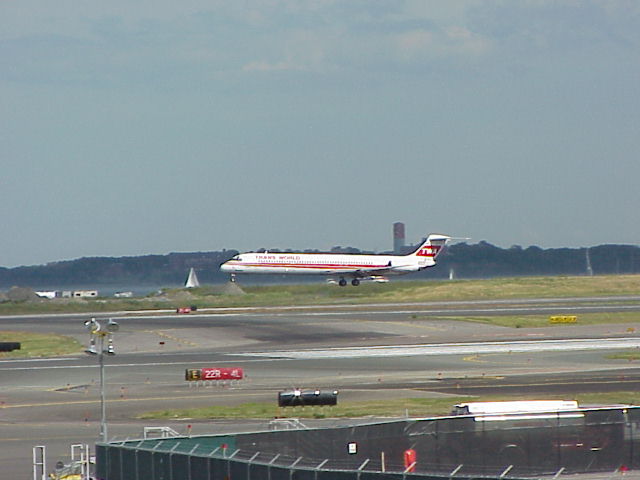 TWA jet about to land at Boston Logan International Airport