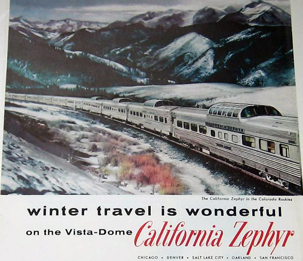 California Zephyr train with 3 vista Domes in the snow