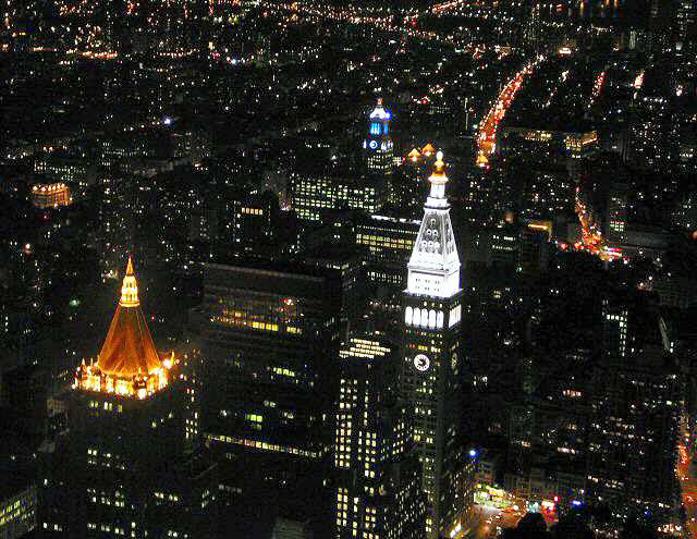 Lighted buildings seen from the observation deck of the Empire State Building