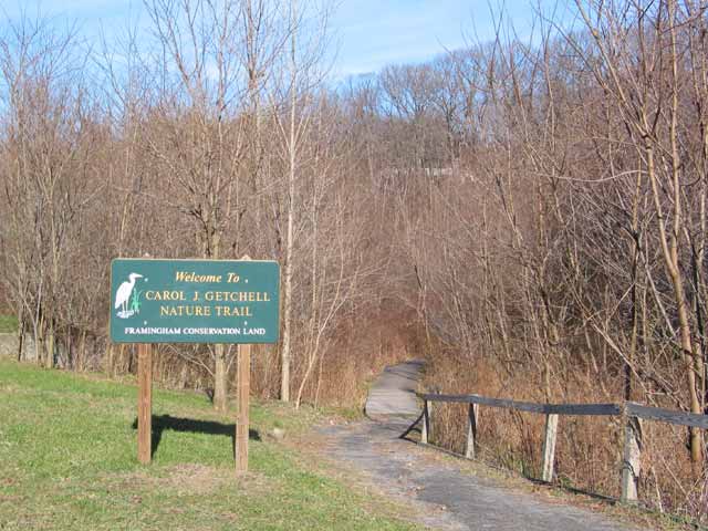The start of the Carol J.Getchell Nature Trail in Saxonville, Mass