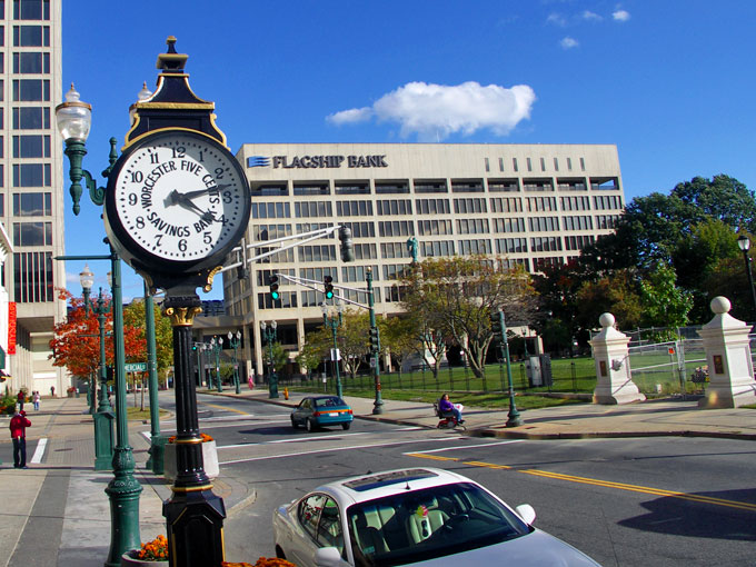 Worcester Five Cents Savings Back clock on Front St