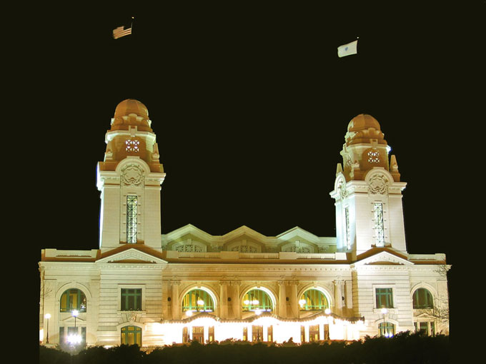 Restored Worcester Union Station at night